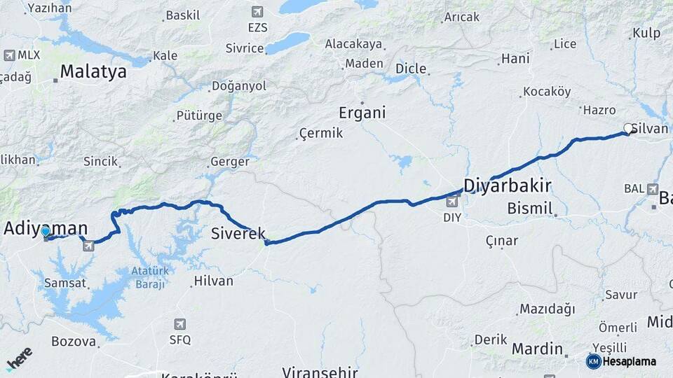 Adıyaman Silvan Diyarbakır Arası Kaç Km - Yol Haritası