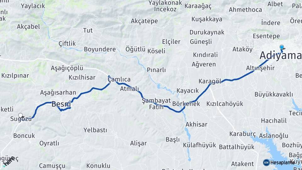 Adıyaman Sugözü Besni Arası Kaç Km - Yol Haritası