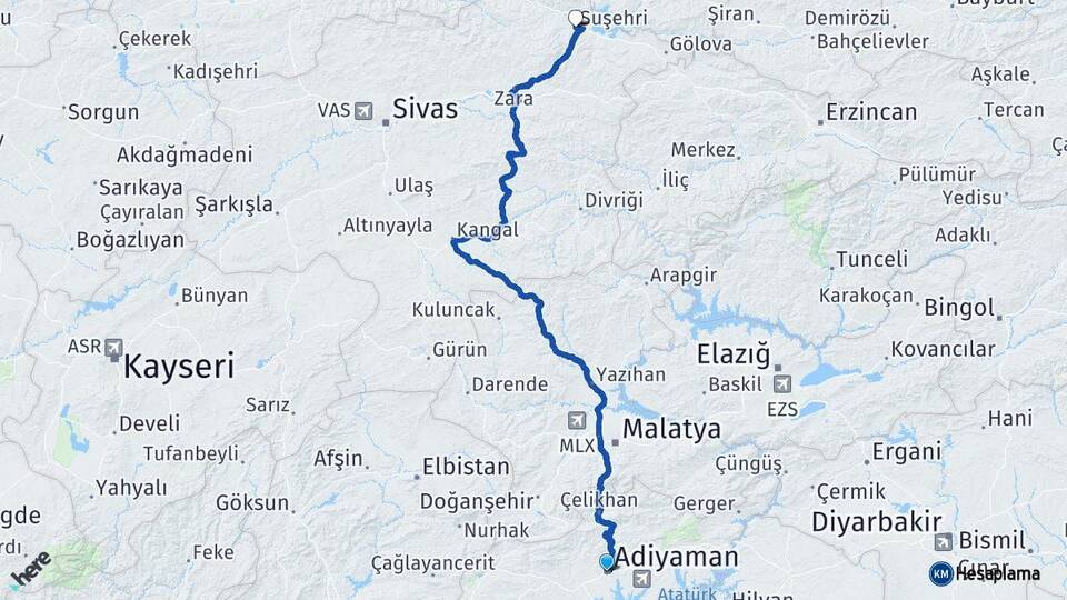Adıyaman Suşehri Sivas Arası Kaç Km - Yol Haritası