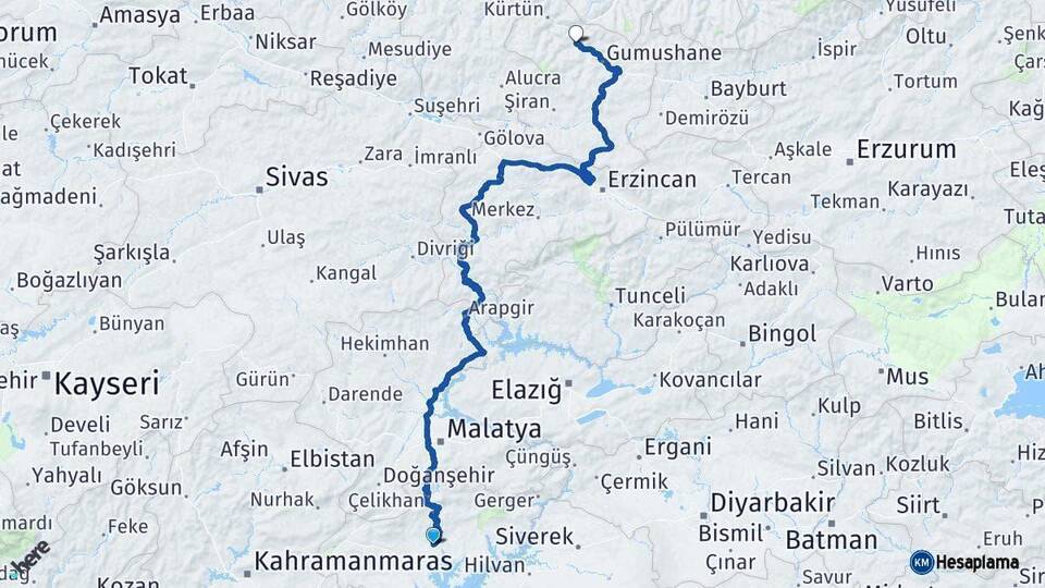 Adıyaman Torul Gümüşhane Arası Kaç Km - Yol Haritası