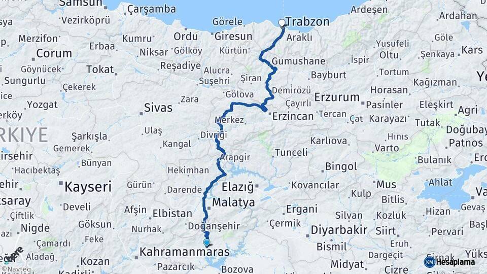 Adıyaman Trabzon Arası Kaç Km - Yol Haritası