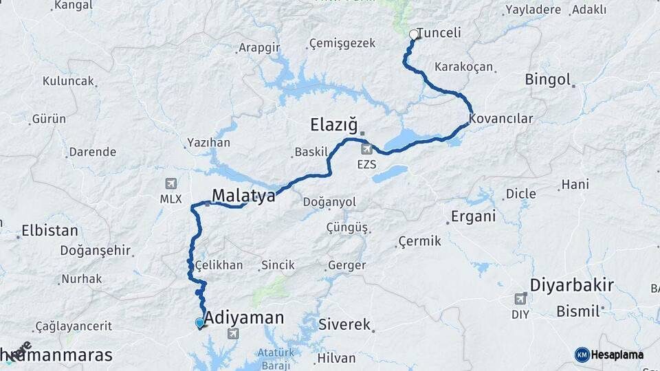 Adıyaman Tunceli Arası Kaç Km - Yol Haritası
