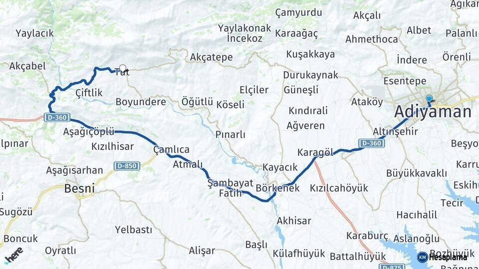 Adıyaman Tut Arası Kaç Km - Yol Haritası