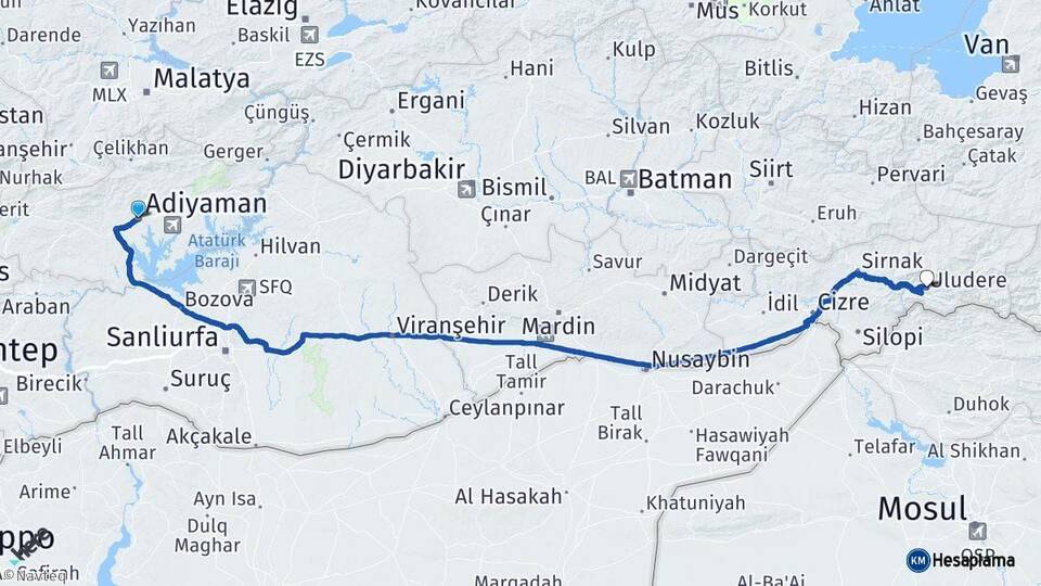 Adıyaman Uludere Şırnak Arası Kaç Km - Yol Haritası