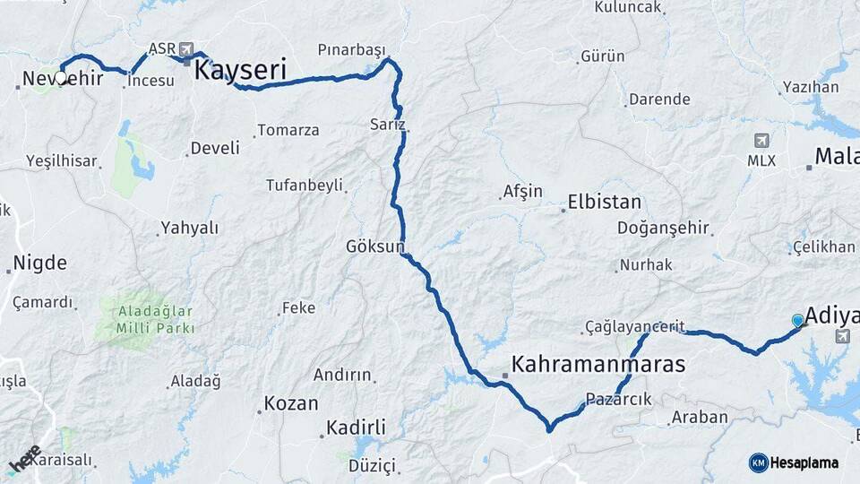 Adıyaman Ürgüp Nevşehir Arası Kaç Km - Yol Haritası