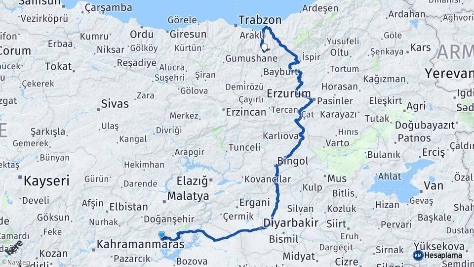 Adıyaman Uzungöl Çaykara Trabzon Arası Kaç Km - Yol Haritası