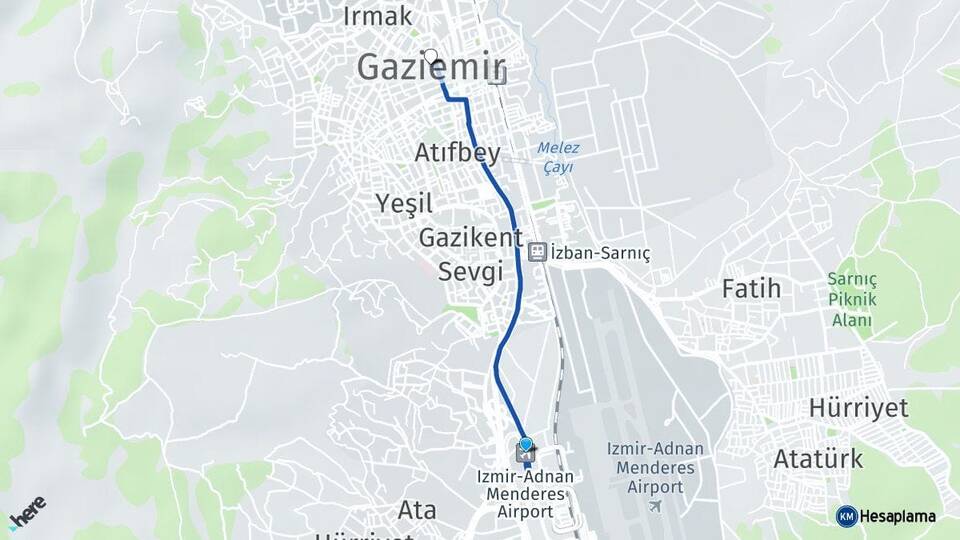 Adnan Menderes Havalimanı Gaziemir İzmir Arası Kaç Km - Yol Haritası
