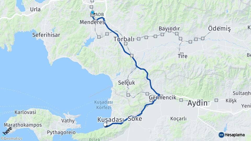 Adnan Menderes Havalimanı Güzelçamlı Kuşadası Aydın Arası Kaç Km - Yol Haritası