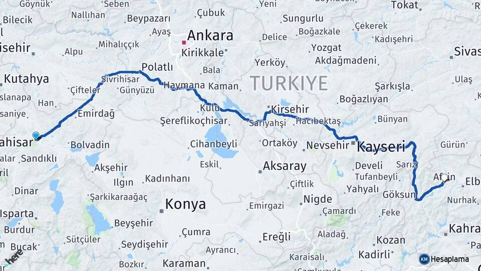 Afyonkarahisar Afşin Kahramanmaraş Arası Kaç Km - Yol Haritası