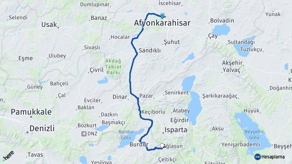 Afyonkarahisar Ağlasun Burdur Arası Kaç Km - Yol Haritası