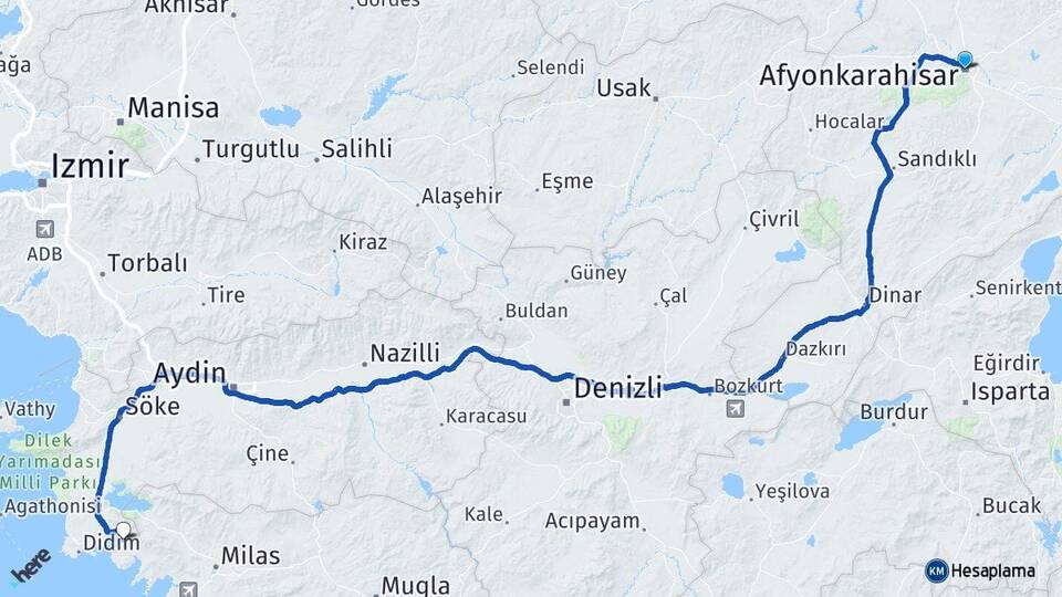 Afyonkarahisar Akbük Didim Aydın Arası Kaç Km - Yol Haritası