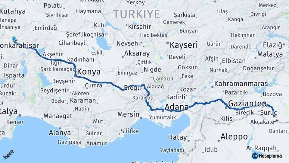 Afyonkarahisar Akçakale Şanlıurfa Arası Kaç Km - Yol Haritası