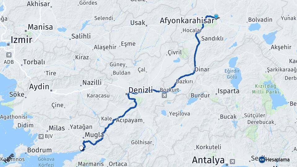 Afyonkarahisar Akyaka Ula Muğla Arası Kaç Km - Yol Haritası