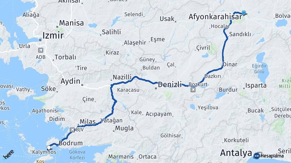Afyonkarahisar Akyarlar Bodrum Muğla Arası Kaç Km - Yol Haritası