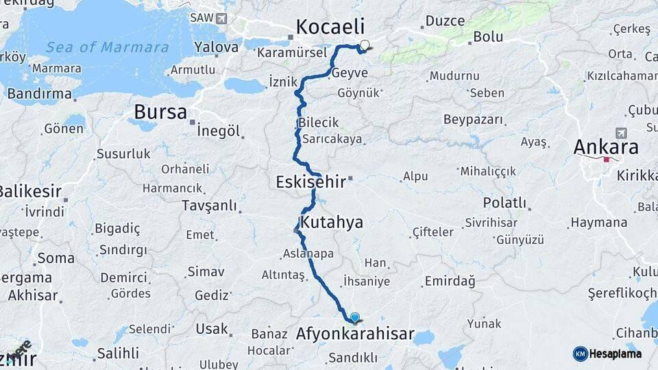 Afyonkarahisar Akyazı Sakarya Arası Kaç Km - Yol Haritası