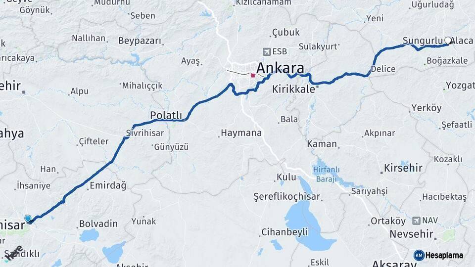 Afyonkarahisar Alaca Çorum Arası Kaç Km - Yol Haritası