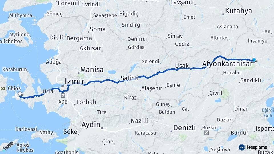 Afyonkarahisar Alaçatı Çeşme İzmir Arası Kaç Km - Yol Haritası