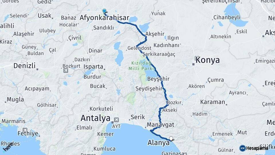 Afyonkarahisar Alanya Antalya Arası Kaç Km - Yol Haritası