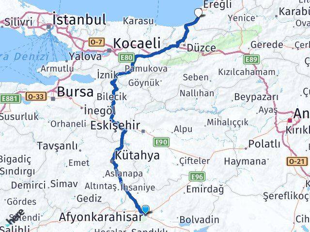 Afyonkarahisar Alaplı Zonguldak Arası Kaç Km - Yol Haritası