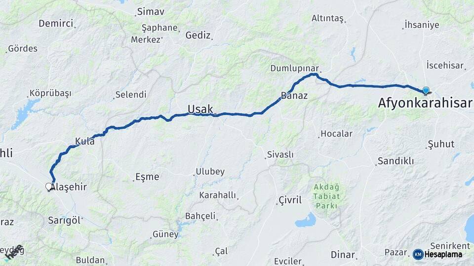 Afyonkarahisar Alaşehir Manisa Arası Kaç Km - Yol Haritası