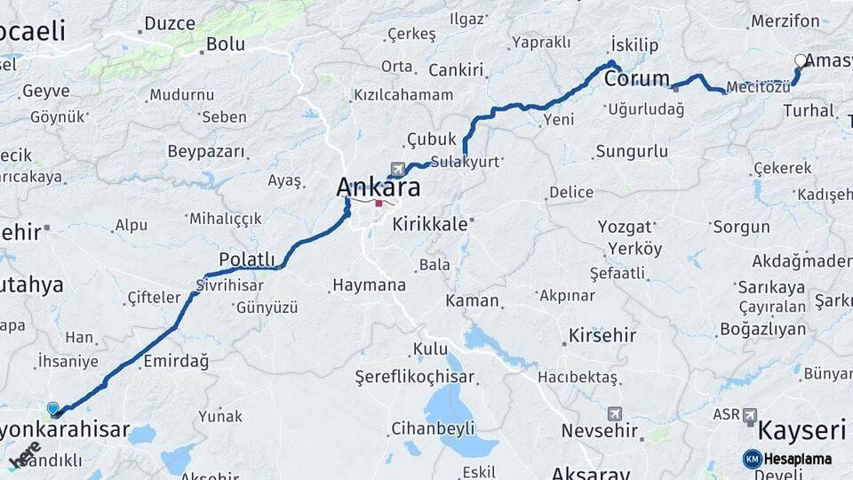 Afyonkarahisar Amasya Arası Kaç Km - Yol Haritası