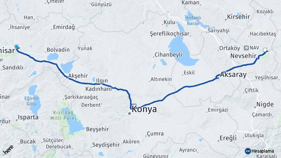 Afyonkarahisar Avanos Nevşehir Arası Kaç Km - Yol Haritası