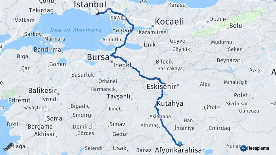 Afyonkarahisar Avcılar İstanbul Arası Kaç Km - Yol Haritası
