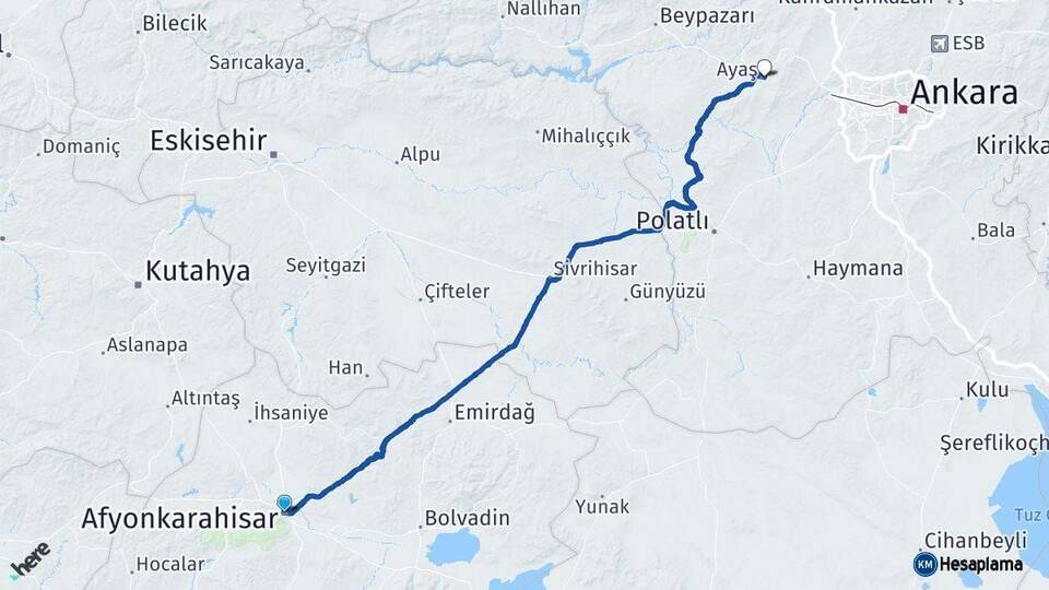 Afyonkarahisar Ayaş Ankara Arası Kaç Km - Yol Haritası