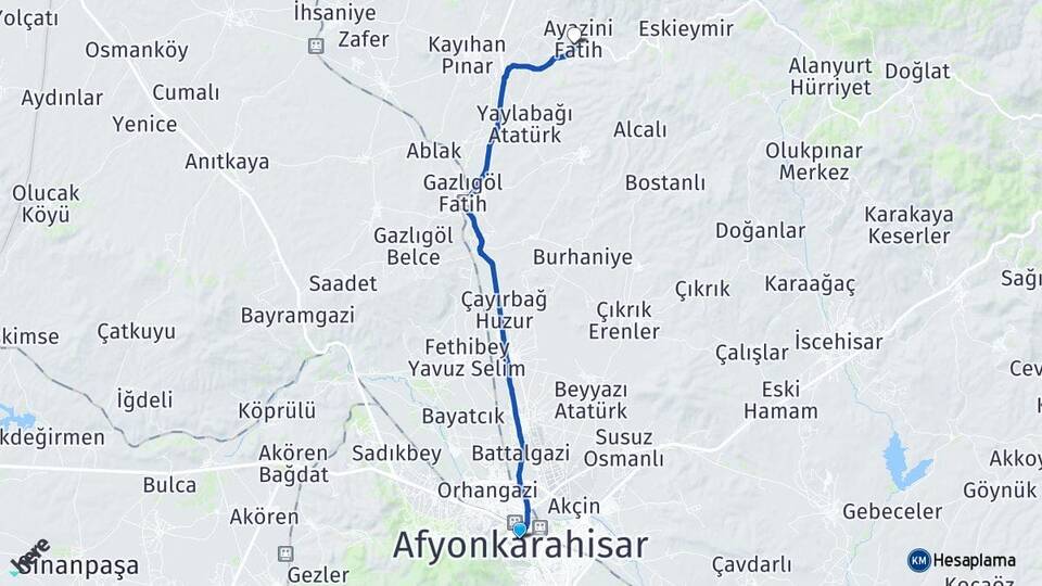 Afyonkarahisar Ayazini İhsaniye Arası Kaç Km - Yol Haritası