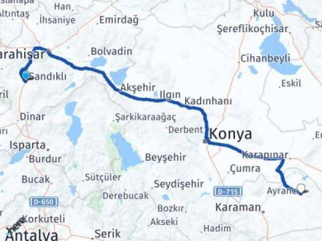 Afyonkarahisar Ayrancı Karaman Arası Kaç Km - Yol Haritası