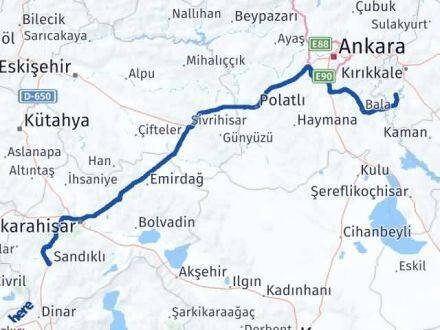 Afyonkarahisar Bahşili Kırıkkale Arası Kaç Km - Yol Haritası