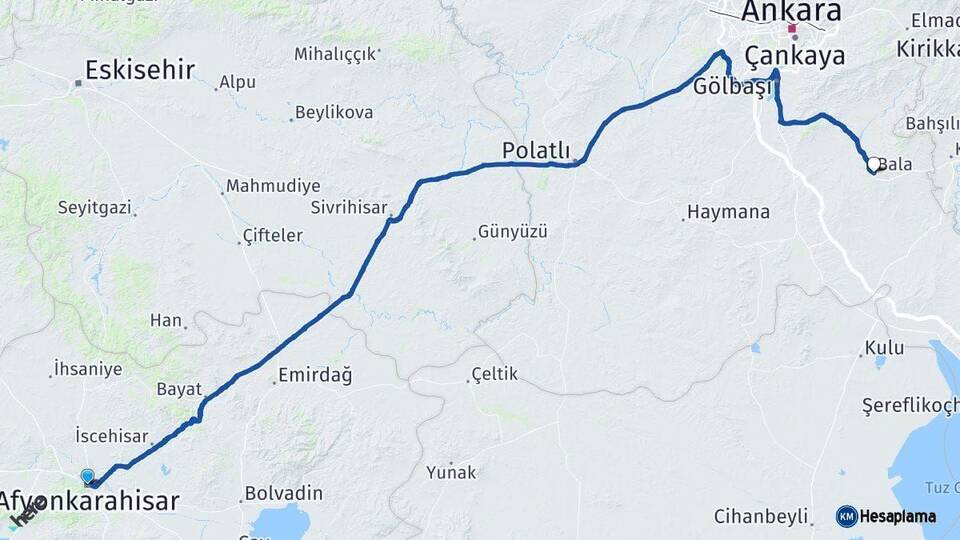 Afyonkarahisar Bala Ankara Arası Kaç Km - Yol Haritası