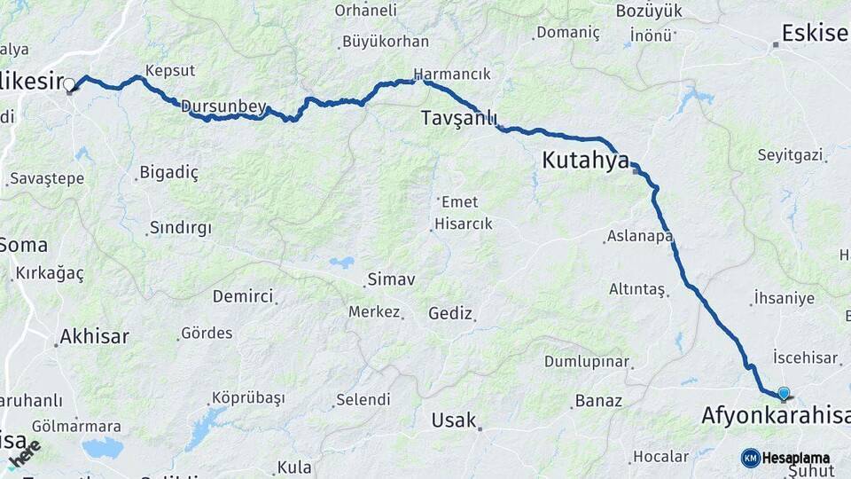 Afyonkarahisar Balıkesir Arası Kaç Km - Yol Haritası