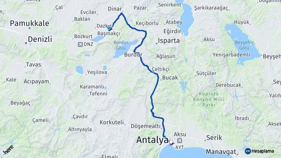 Afyonkarahisar Başmakçı Antalya Arası Kaç Km - Yol Haritası