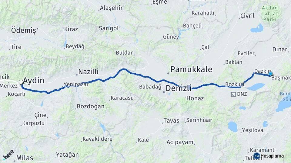 Afyonkarahisar Başmakçı Aydın Arası Kaç Km - Yol Haritası
