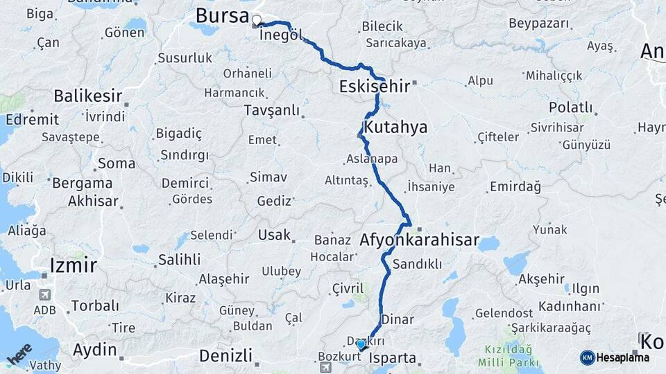 Afyonkarahisar Başmakçı Bursa Arası Kaç Km - Yol Haritası