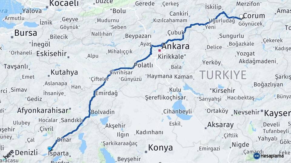Afyonkarahisar Başmakçı Çorum Arası Kaç Km - Yol Haritası