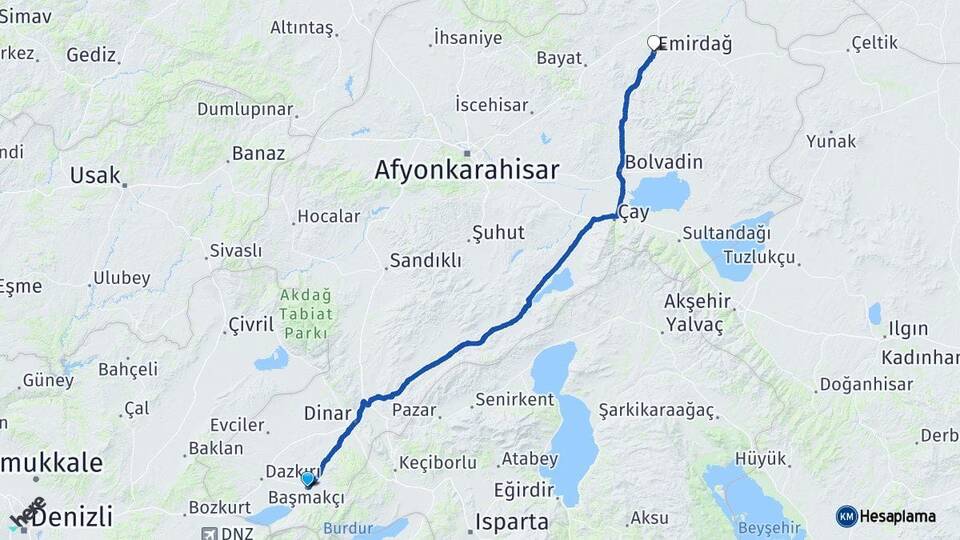 Afyonkarahisar Başmakçı Emirdağ Arası Kaç Km - Yol Haritası