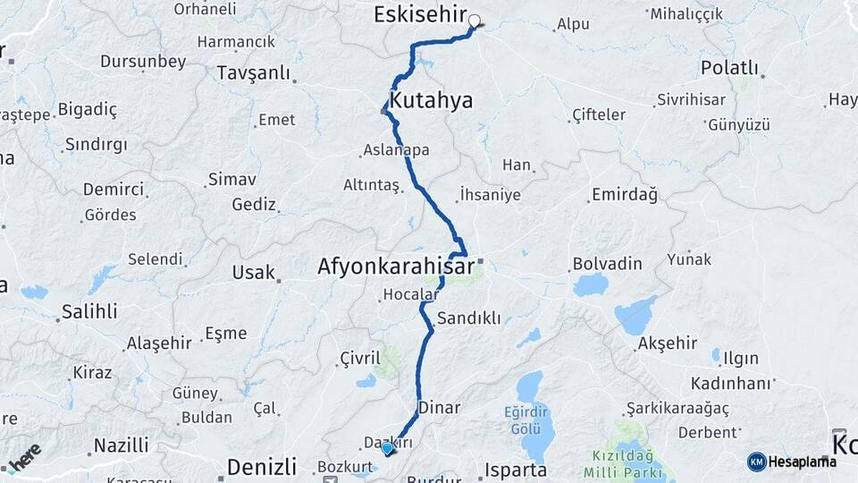 Afyonkarahisar Başmakçı Eskişehir Arası Kaç Km - Yol Haritası
