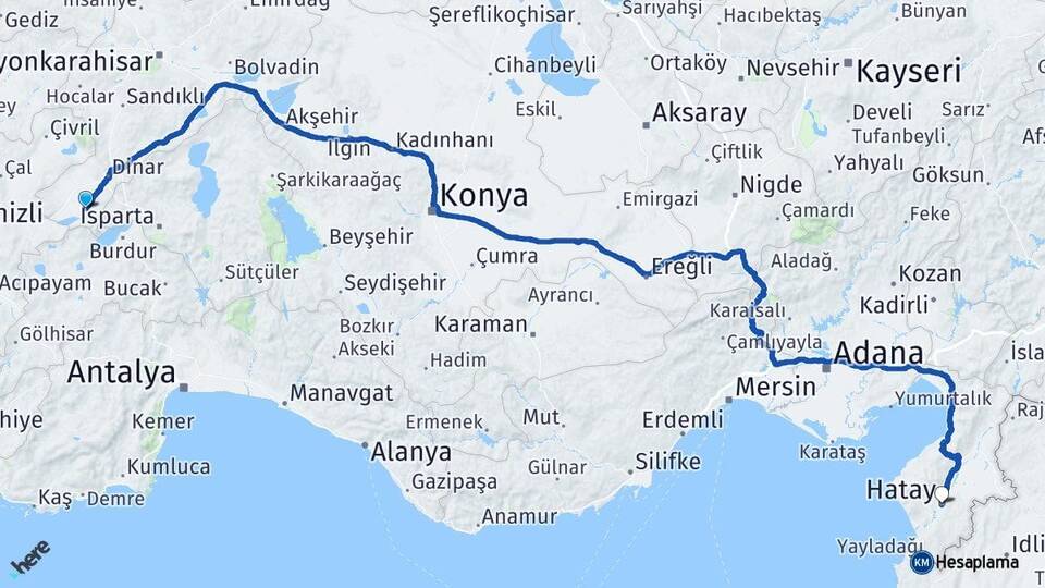 Afyonkarahisar Başmakçı Hatay Arası Kaç Km - Yol Haritası