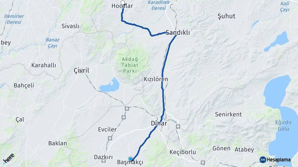 Afyonkarahisar Başmakçı Hocalar Arası Kaç Km - Yol Haritası