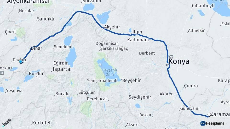 Afyonkarahisar Başmakçı Karaman Arası Kaç Km - Yol Haritası