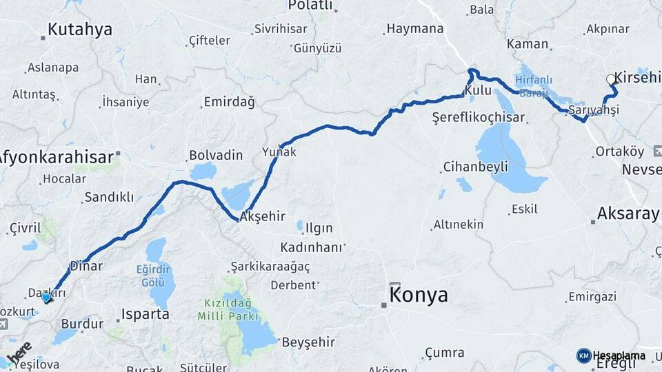 Afyonkarahisar Başmakçı Kırşehir Arası Kaç Km - Yol Haritası