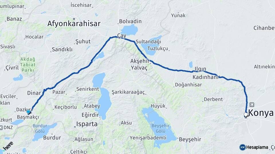 Afyonkarahisar Başmakçı Konya Arası Kaç Km - Yol Haritası
