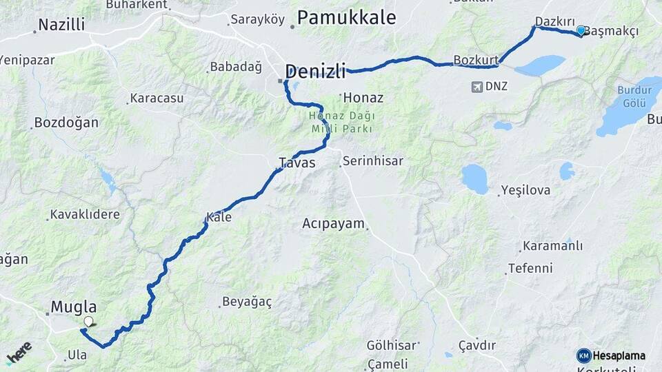 Afyonkarahisar Başmakçı Muğla Arası Kaç Km - Yol Haritası