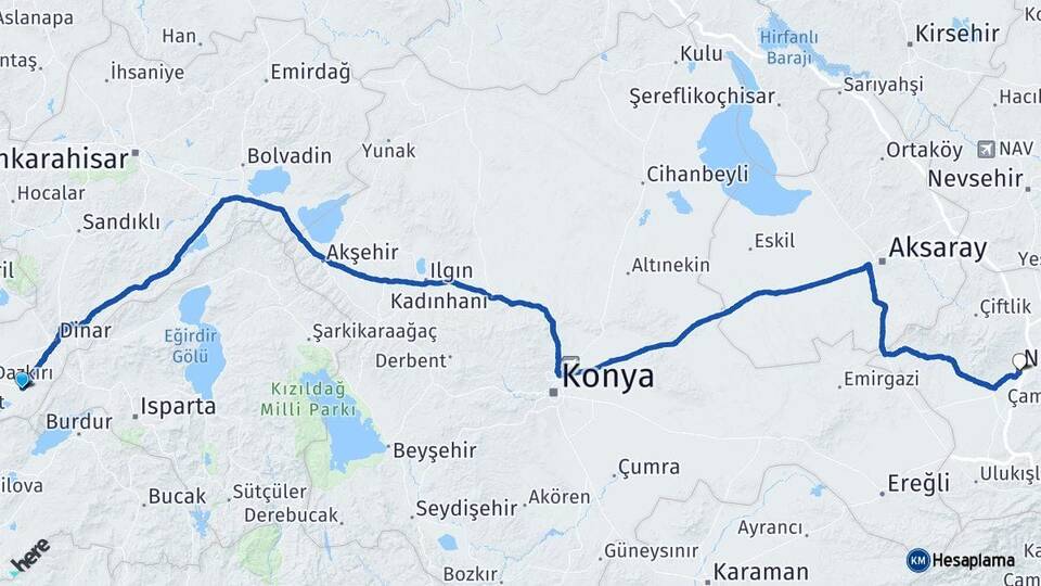 Afyonkarahisar Başmakçı Niğde Arası Kaç Km - Yol Haritası