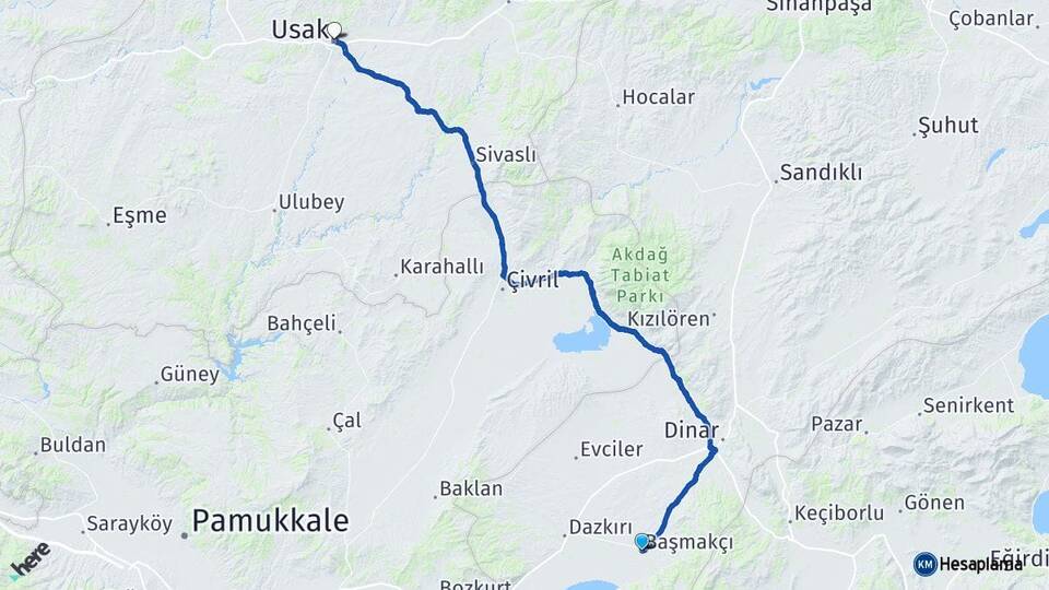 Afyonkarahisar Başmakçı Uşak Arası Kaç Km - Yol Haritası
