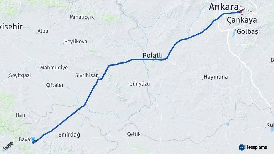 Afyonkarahisar Bayat Ankara Arası Kaç Km - Yol Haritası