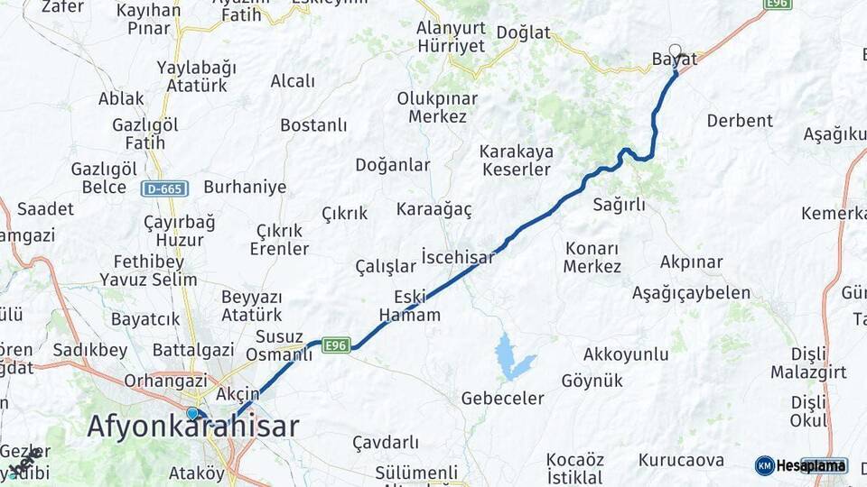 Afyonkarahisar Bayat Arası Kaç Km - Yol Haritası