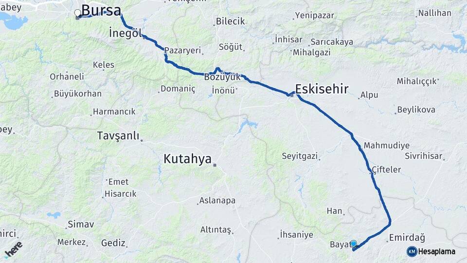 Afyonkarahisar Bayat Bursa Arası Kaç Km - Yol Haritası